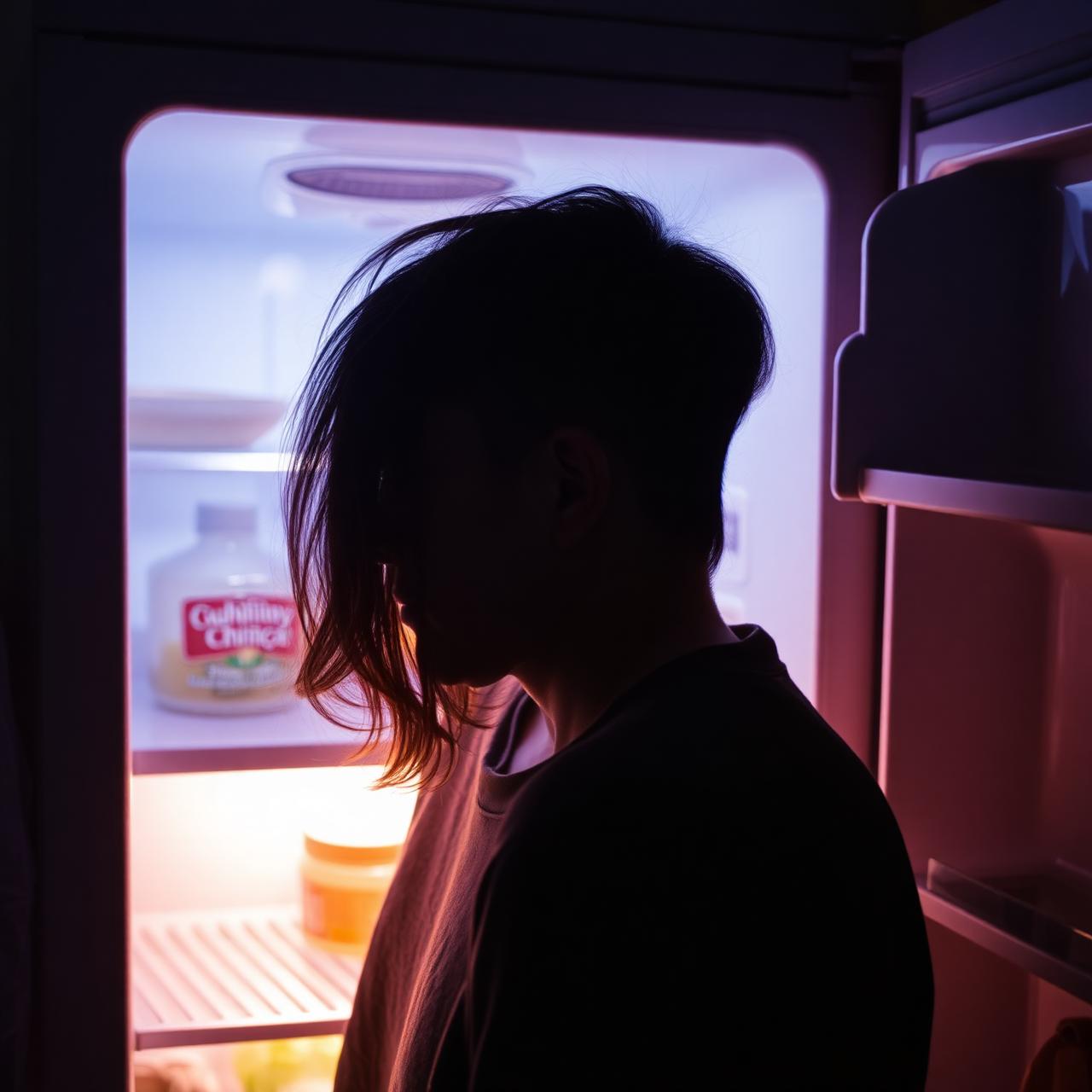 Person staring into an open fridge at night